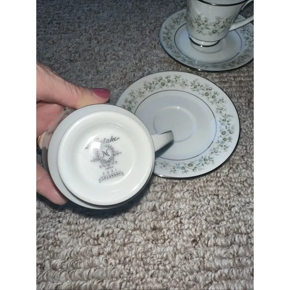 4 Sets Noritake SAVANNAH 2031‎ Tea Cups & Saucers 8-pcs Floral Platinum Rim